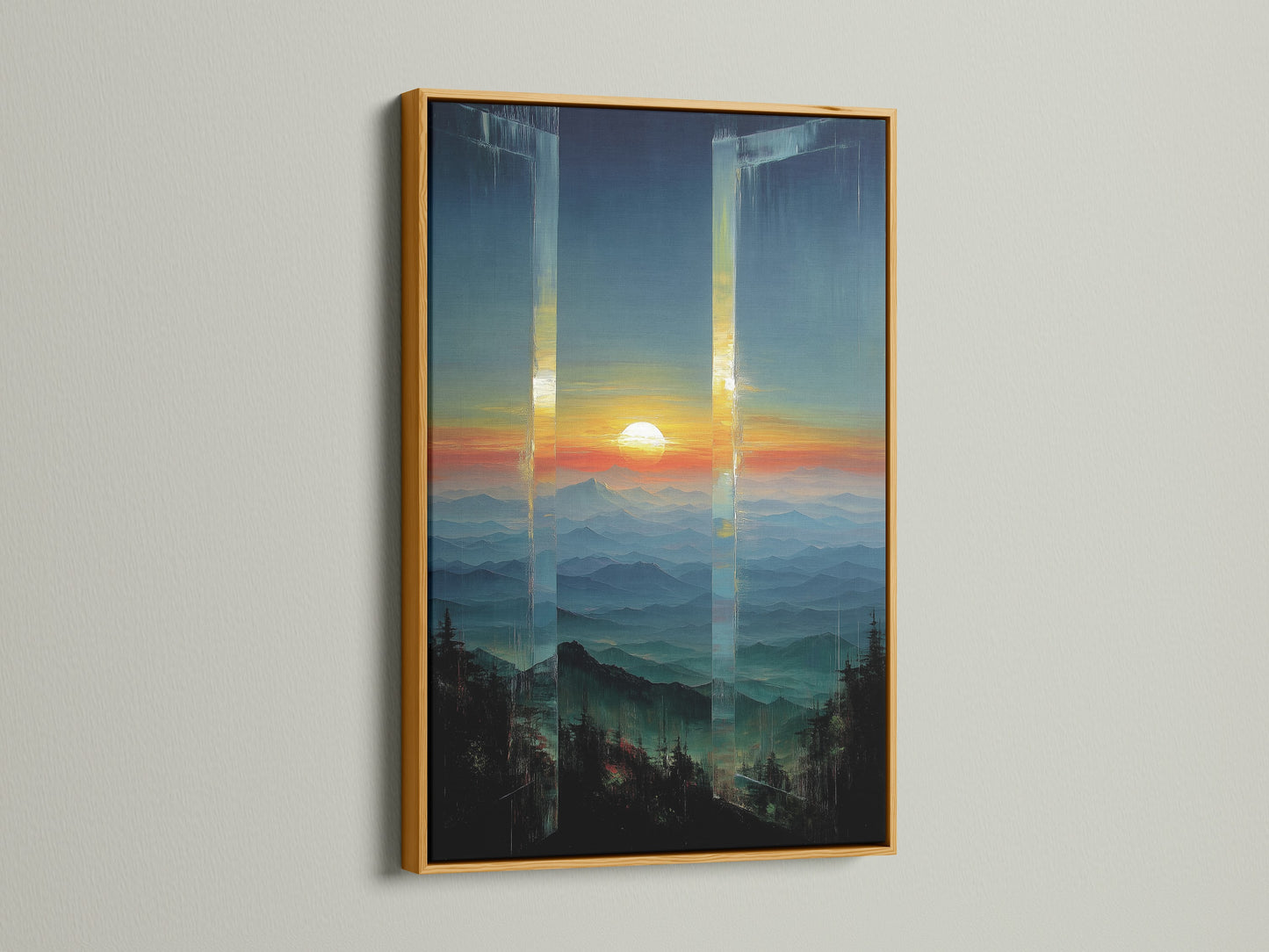 Mountain Sunset Canvas Artwork with a gold frame. The gold frame adds a touch of elegance to this landscape print. The teal and orange artwork complements the sunset theme. A luxurious home decor option.