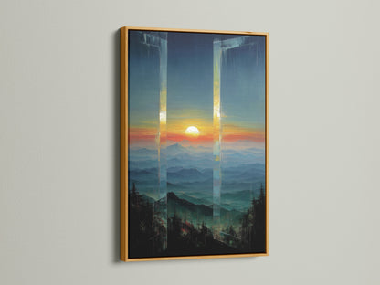 Mountain Sunset Canvas Artwork with a gold frame. The gold frame adds a touch of elegance to this landscape print. The teal and orange artwork complements the sunset theme. A luxurious home decor option.