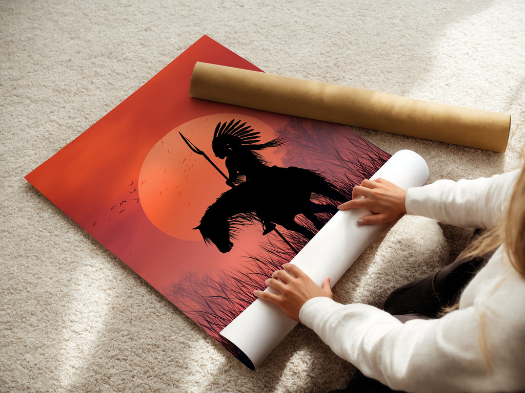 A woman carefully rolling fine art poster paper. Preparing a Native American Warrior print. This sunset silhouette wall art is perfect for western wall decor. Get your tribal wall art ready for display. Ideal for southwestern-themed spaces.