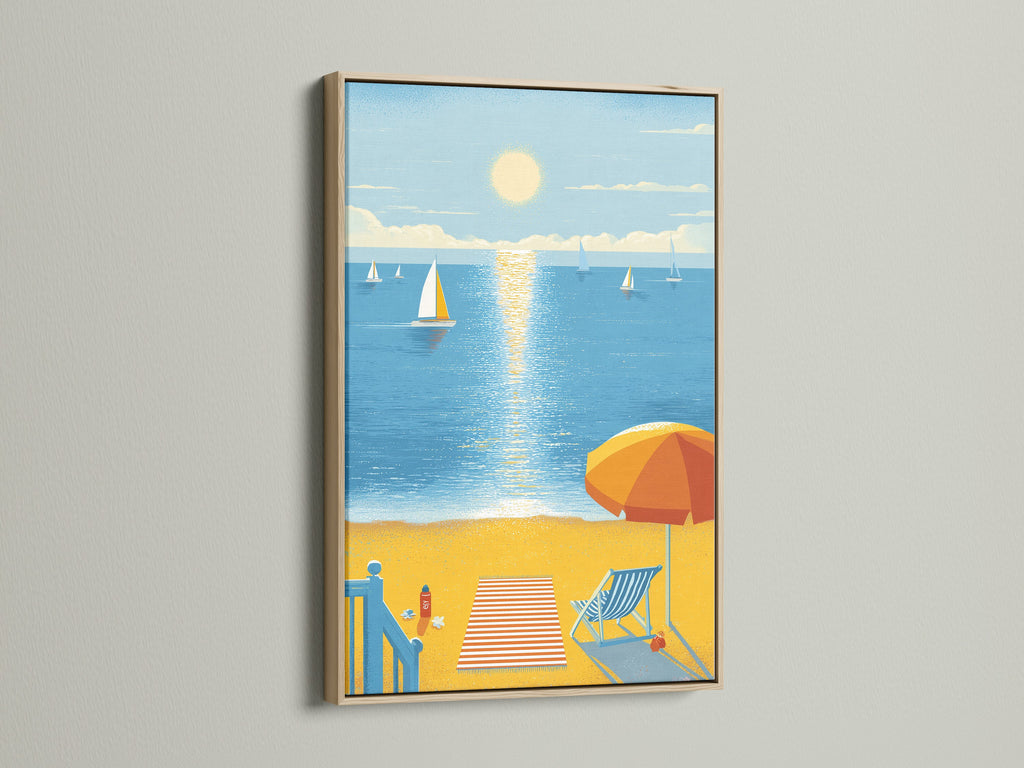 Coastal canvas art in an oak frame. The sailboat print adds a touch of summer to any room. This ocean art print is ideal for nautical wall art. Bring the beach to your home with this artwork.