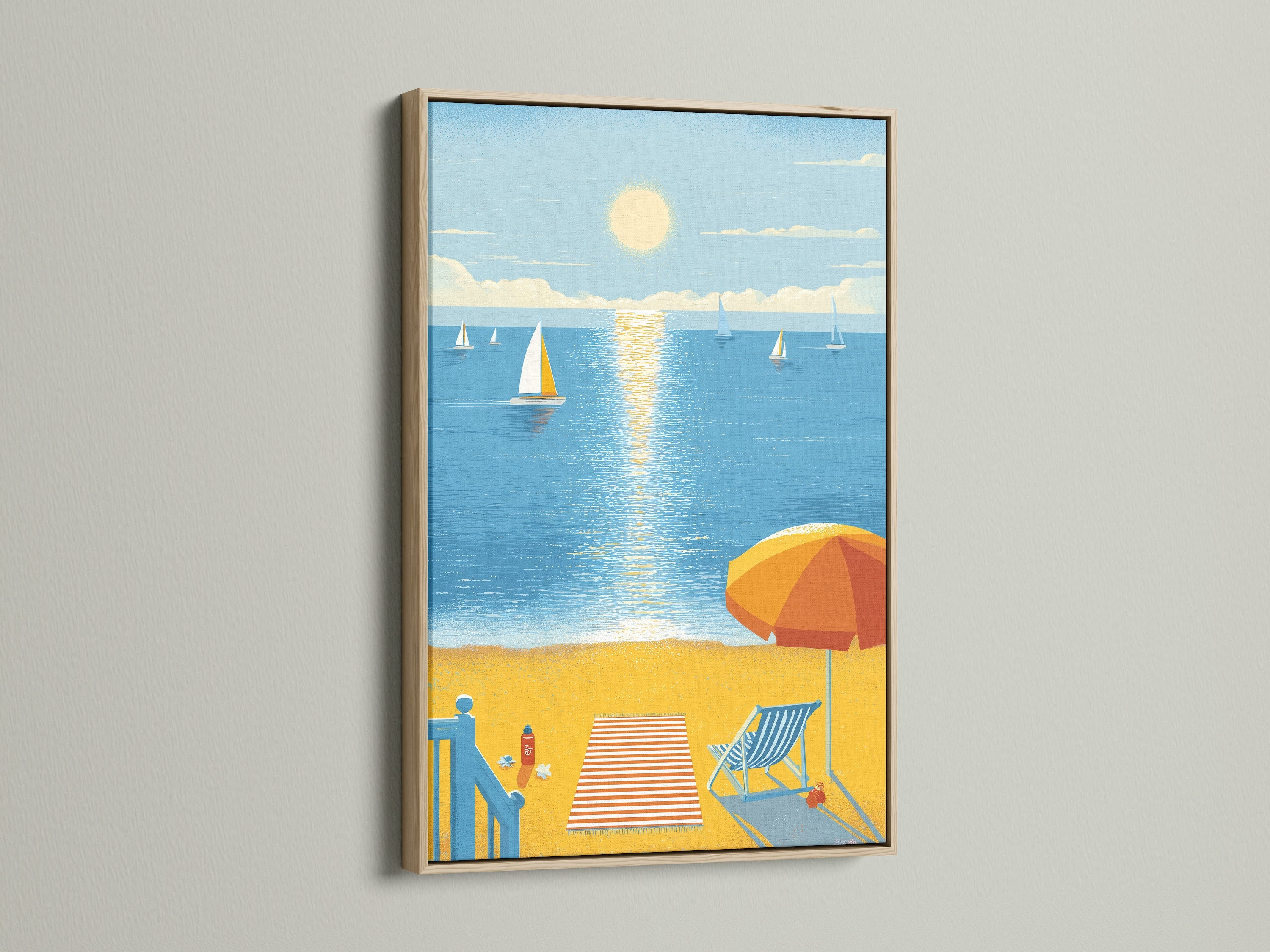 Coastal canvas art in an oak frame. The sailboat print adds a touch of summer to any room. This ocean art print is ideal for nautical wall art. Bring the beach to your home with this artwork.