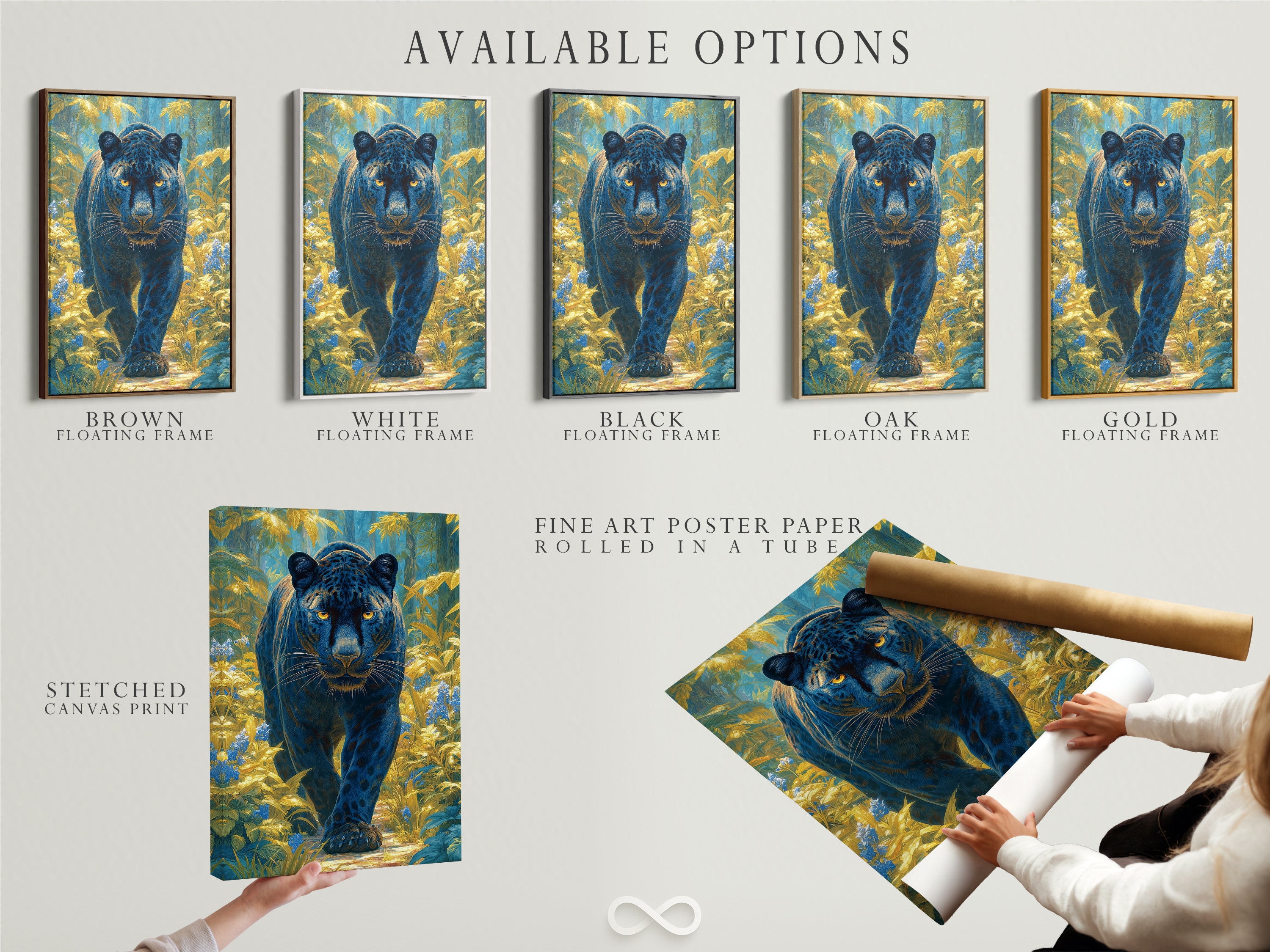 Explore available options for your artwork. Choose from stretched canvas prints. Select fine art poster paper. Opt for a stylish floating frame. Customize your panther art to match your style. Enhance your blue and gold decor with these options.