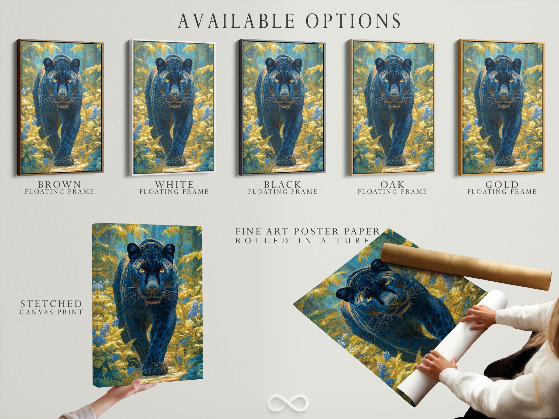 Available options for the Black Panther artwork. Choose from a stretched canvas print a fine art poster paper or a floating frame. The teal and gold animal artwork is perfect for any style. Find the perfect option for your home decor art.