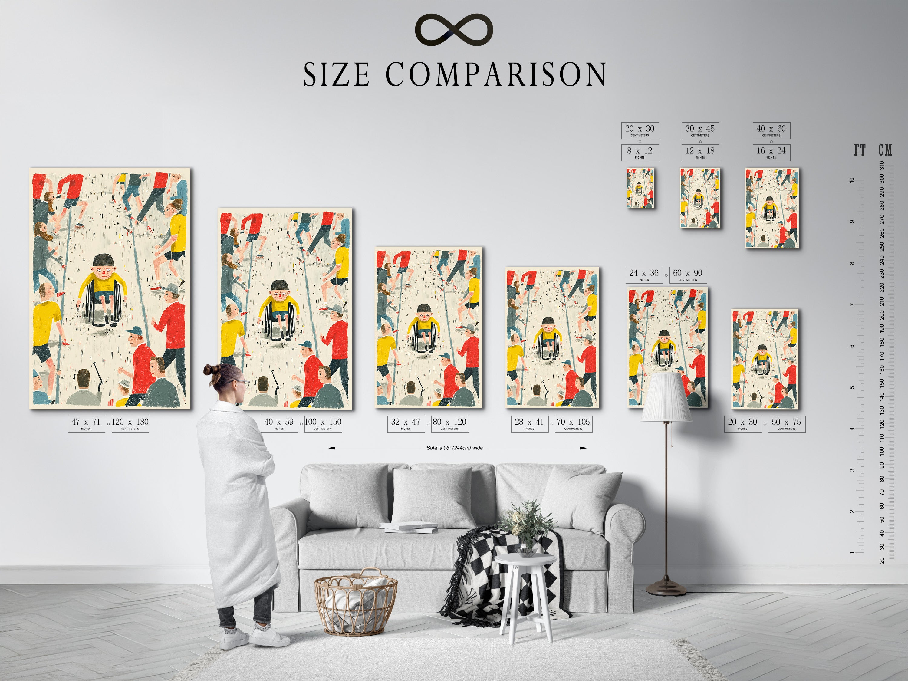 Size comparison chart in an interior setting. The chart displays various sizes for inclusive art prints and canvases. These art options feature a child in a wheelchair and promote community diversity. The chart helps visualize the perfect size for your office or community center.