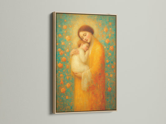 This is an oak frame. It beautifully displays a mother and child fine art print. The oak frame adds a touch of natural warmth. This enhances the artwork's overall appeal in any room.