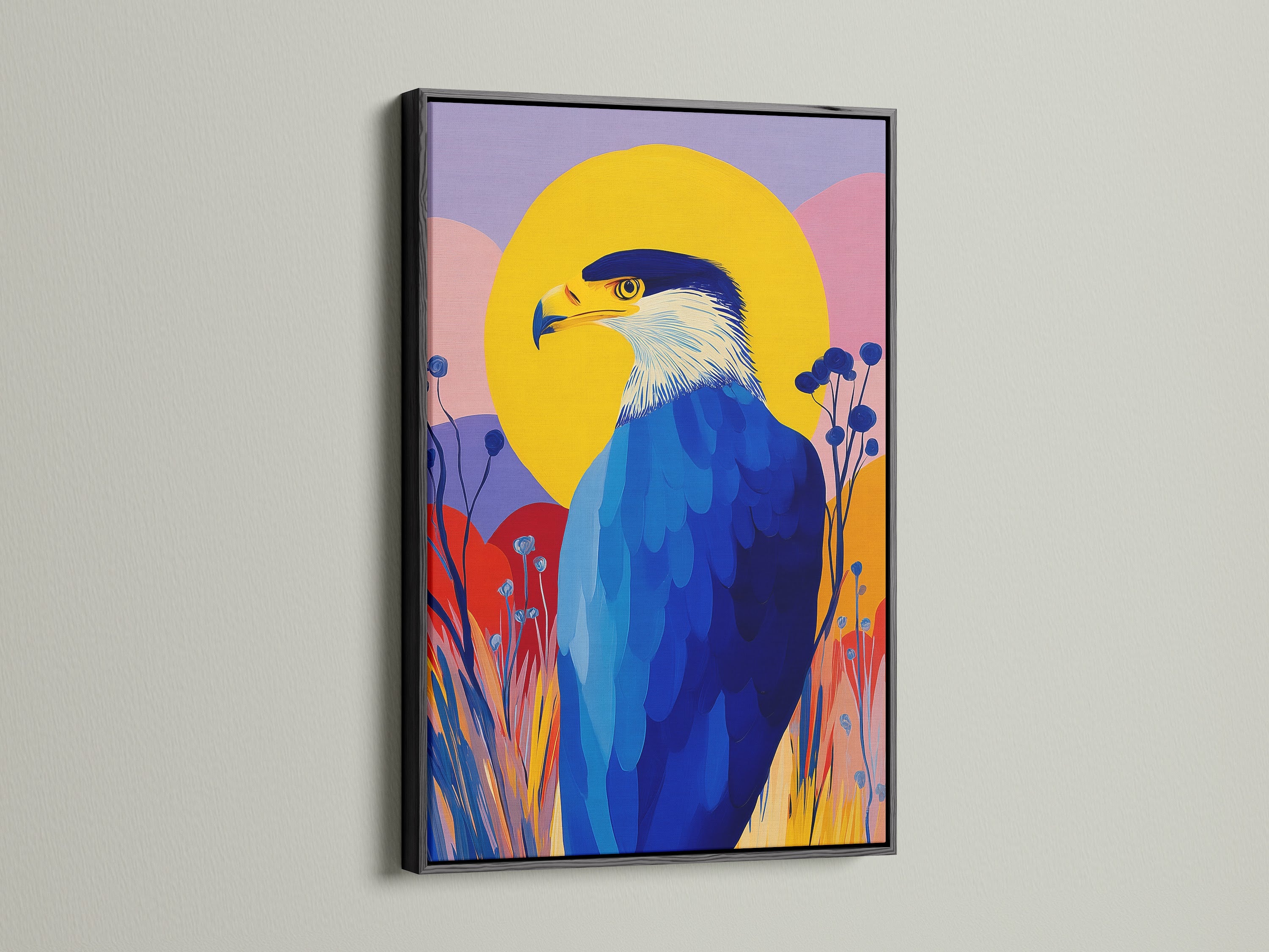 This stunning eagle art is showcased in a classic black frame. This colorful print adds a modern touch to any space. Ideal for home wall decor. A thoughtful gift for those who appreciate bird art.