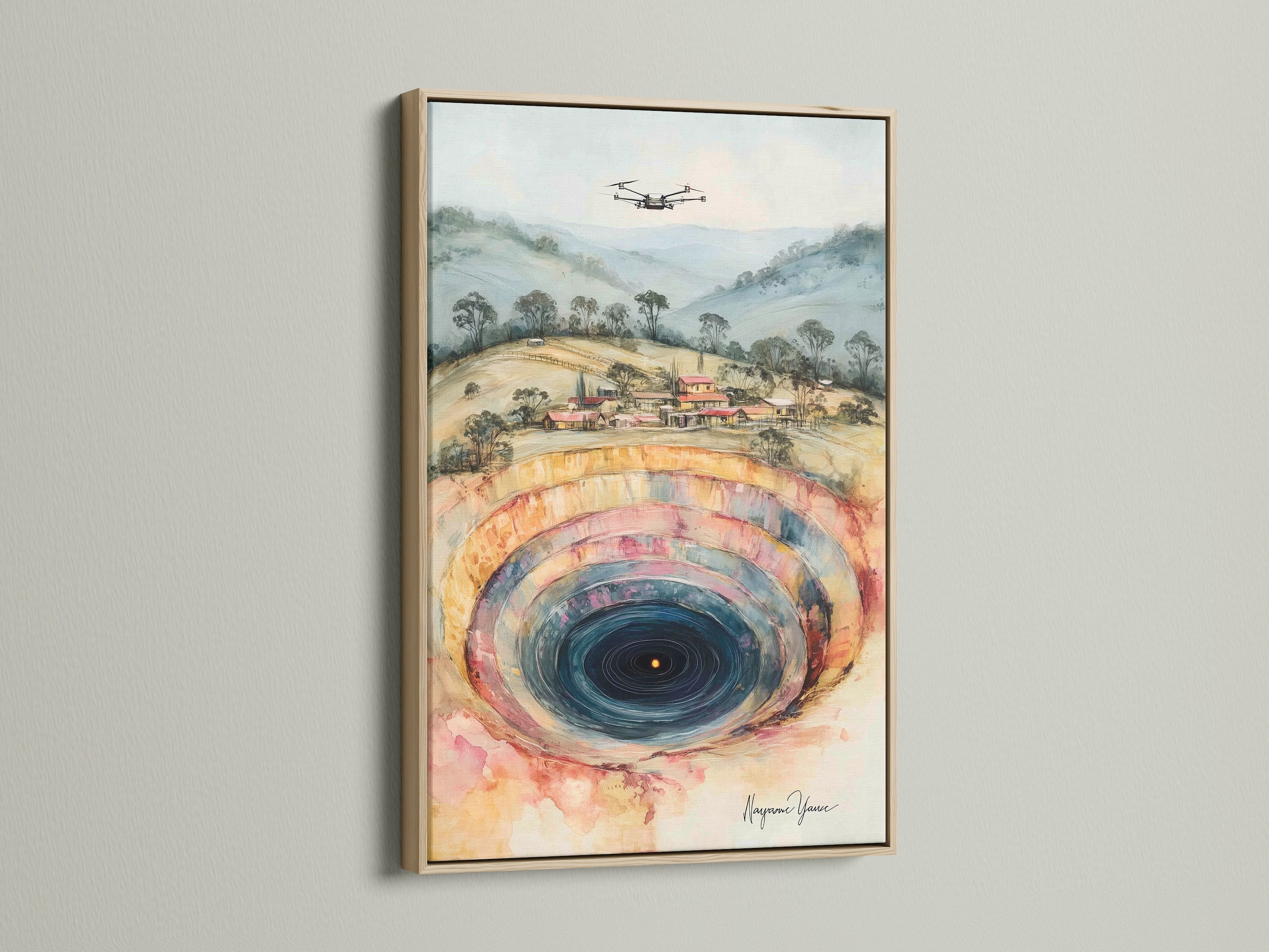 Abstract Mine canvas print with an oak frame. The print showcases a watercolor hole wall art. It's ideal for modern and industrial spaces. The oak frame enhances the artwork's natural tones. This contemporary artwork is perfect for any room.