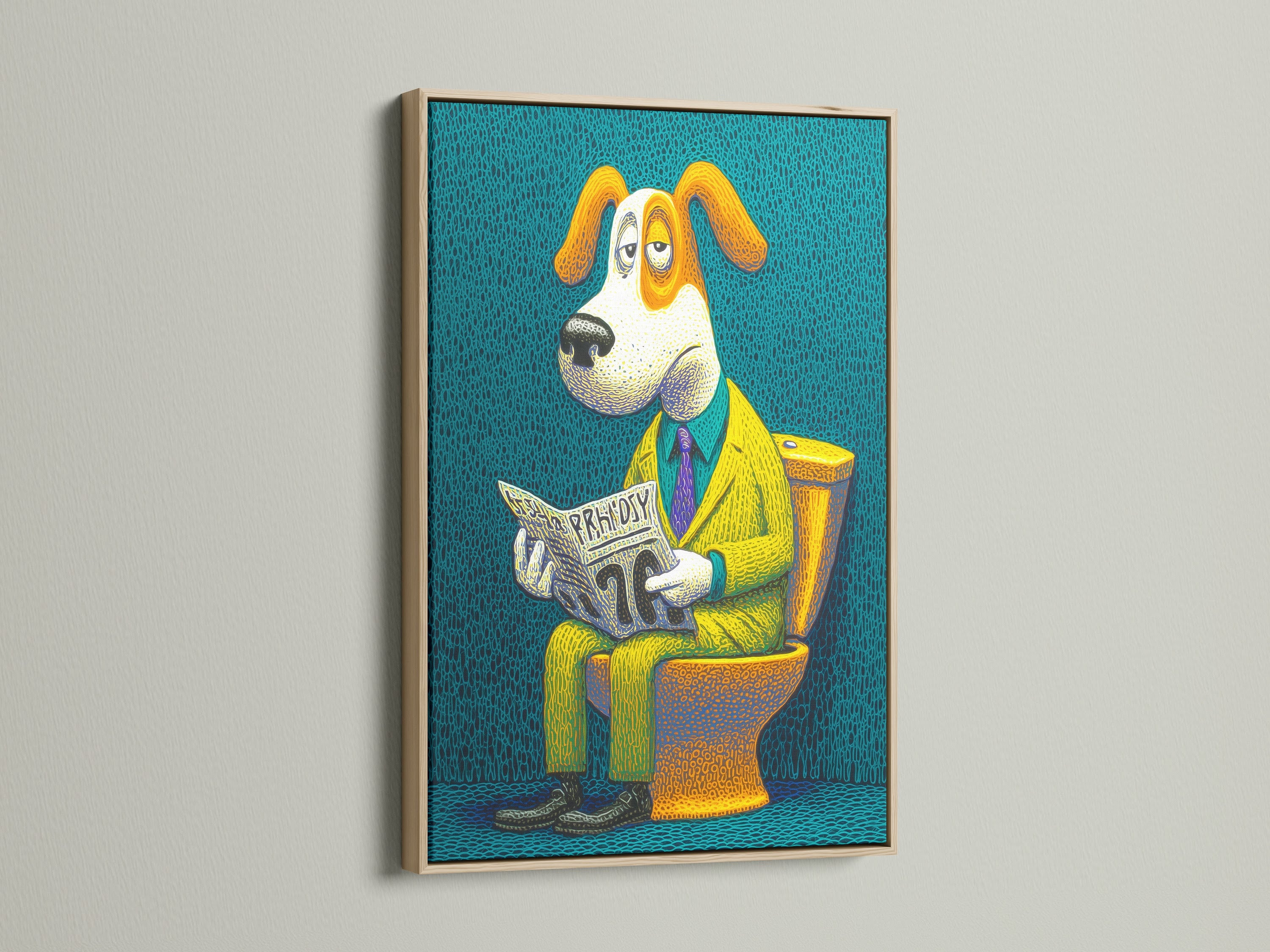 The 'Dog on Toilet' artwork is showcased in an oak frame. This humorous piece adds a touch of toilet humor to any space. Ideal for bathroom art or as a novelty gift for dog lovers. It is quirky canine artwork.