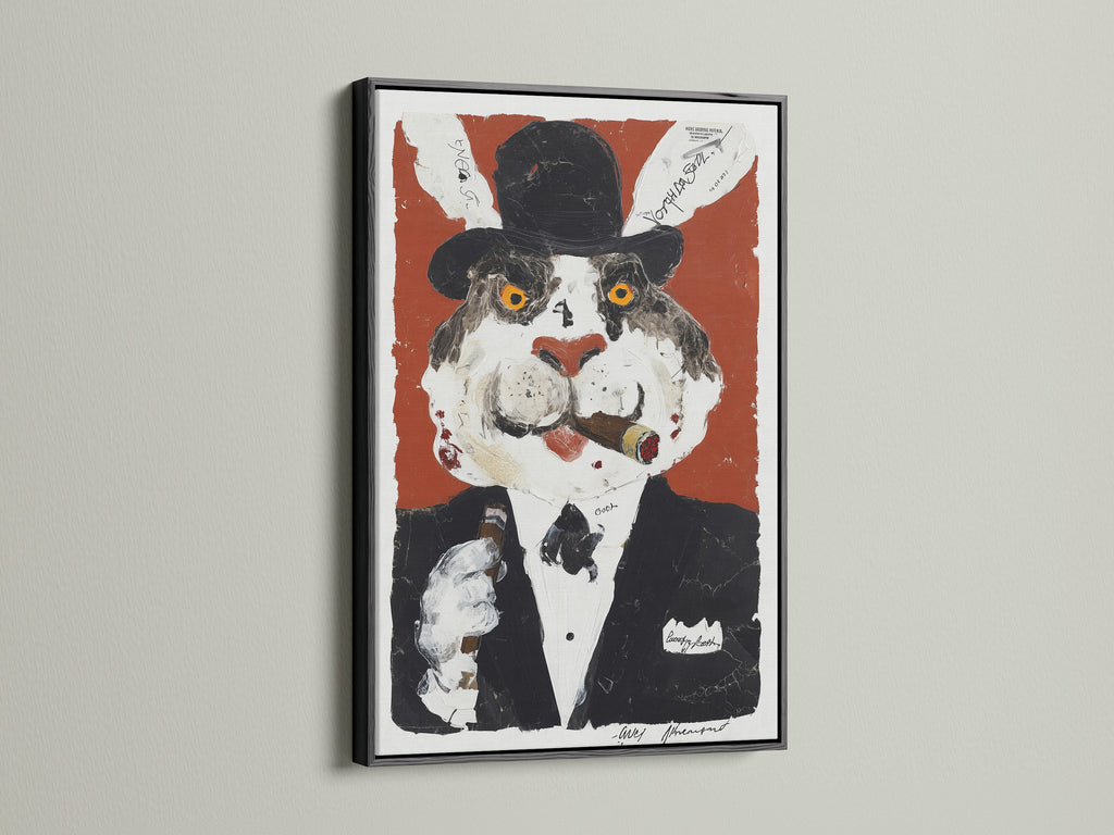 This vintage cat portrait canvas features surreal animal art. A whimsical gentleman cat is displayed in a black frame. It is ideal as eccentric wall decor. This cat portrait print is a unique retro animal print to elevate your decor.