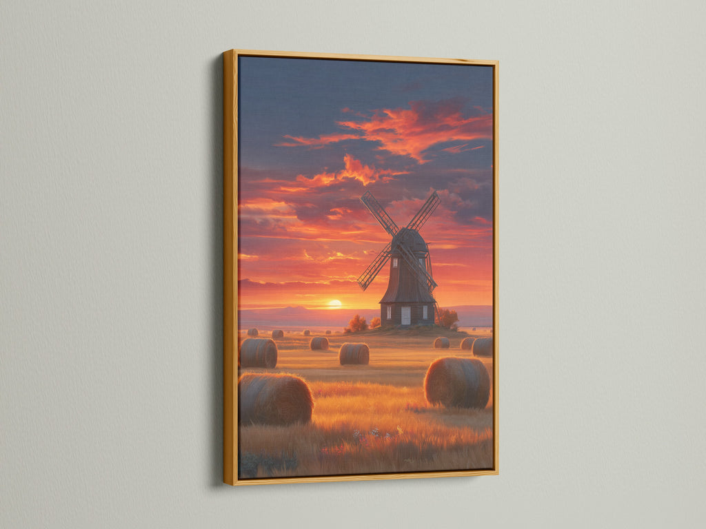 This windmill artwork is set in a gold frame. The frame enhances the golden hour hues of the Dutch landscape. It adds a touch of elegance to this rustic farm scene.