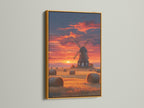 This windmill artwork is set in a gold frame. The frame enhances the golden hour hues of the Dutch landscape. It adds a touch of elegance to this rustic farm scene.
