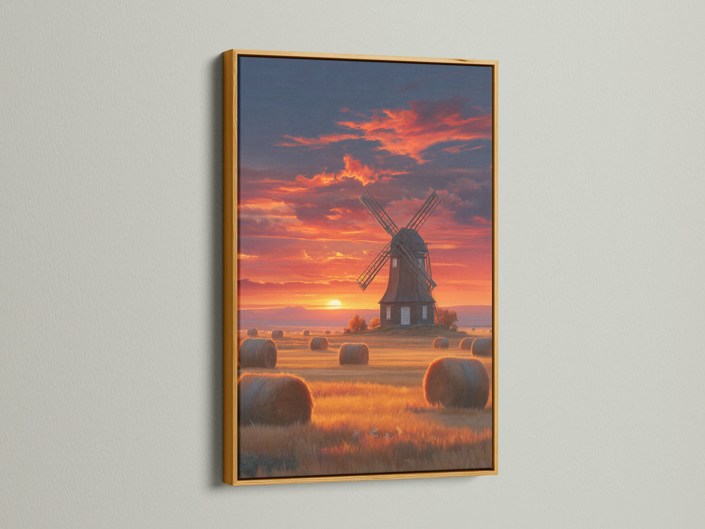 This windmill artwork is set in a gold frame. The frame enhances the golden hour hues of the Dutch landscape. It adds a touch of elegance to this rustic farm scene.