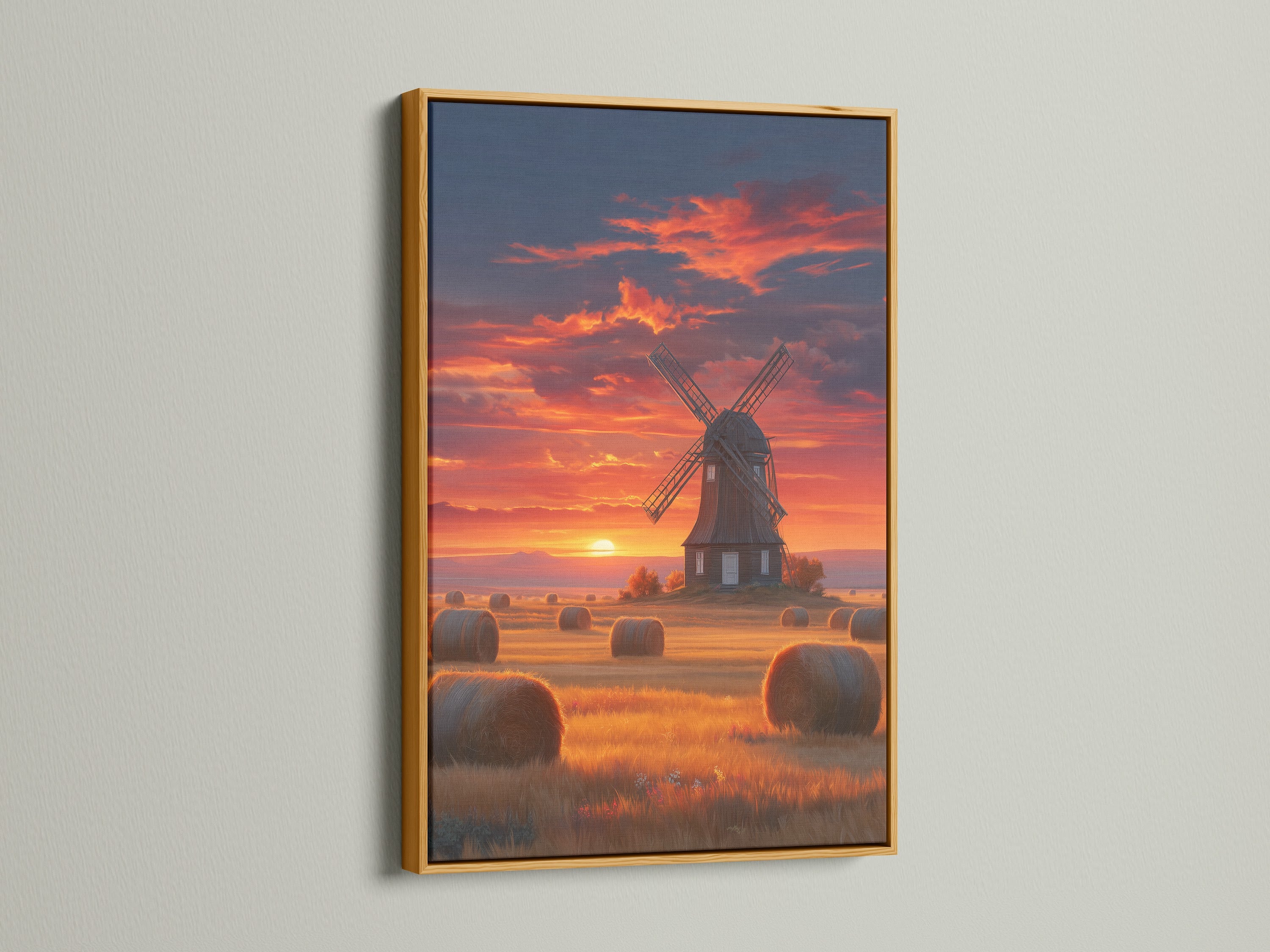 This windmill artwork is set in a gold frame. The frame enhances the golden hour hues of the Dutch landscape. It adds a touch of elegance to this rustic farm scene.