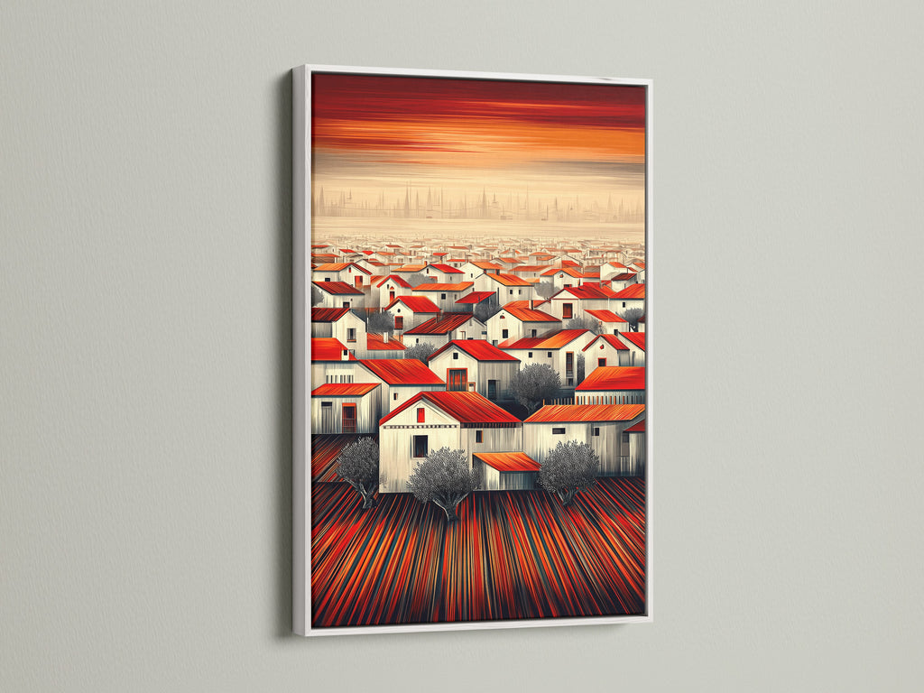 The 'Red Roof Village' artwork is showcased in a white frame. The contrast enhances the rustic landscape. This Mediterranean decor piece adds a touch of elegance to any room. Ideal for a housewarming gift.