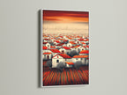 The 'Red Roof Village' artwork is showcased in a white frame. The contrast enhances the rustic landscape. This Mediterranean decor piece adds a touch of elegance to any room. Ideal for a housewarming gift.