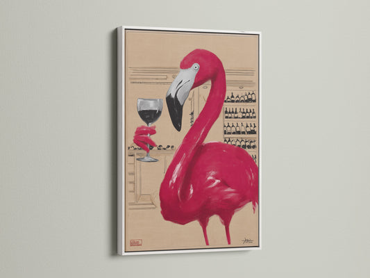 A flamingo art print is displayed in a white frame. This adds a clean modern look. It enhances the pink flamingo bar wall decor. This print is perfect for adding a pop of color. Great for any room.