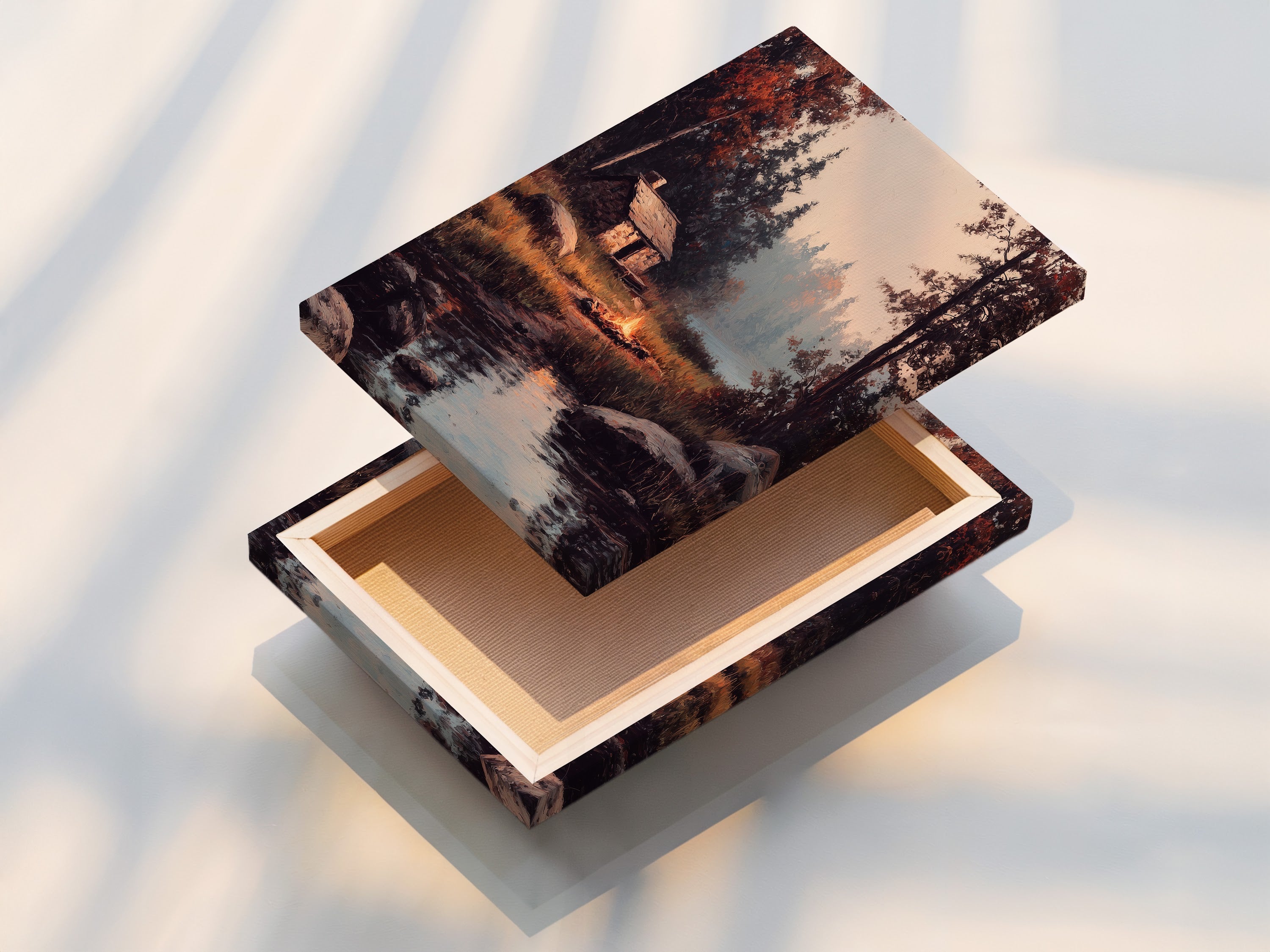 A stretched canvas print of a cabin artwork is displayed. The canvas is taut and ready to hang. This method provides a gallery-quality look. The artwork brings a touch of nature indoors.