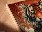 Get a close-up view of our canvas print in a floating frame. The Asian inspired artwork is a unique addition to any room. This Japanese style tiger art is perfect for home or office. The red and gold artwork enhances any wall. Explore the fine details of this print.