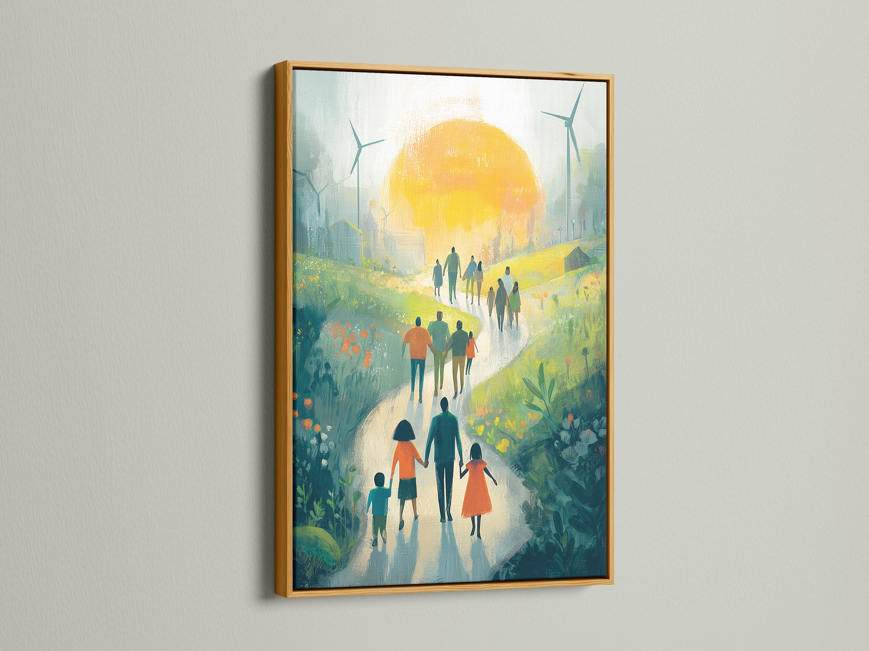 Sustainable Future Art Print - Family Walking Path Landscape, Green Energy Wind Turbines, Eco Friendly Wall Decor, Hope Artwork