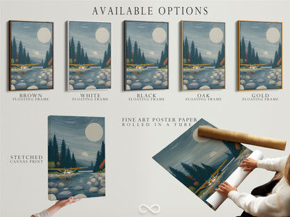 Available options for seaplane artwork: stretched canvas print fine art poster paper and floating frame. Lake landscape wall artwork for cabin decor. Select the perfect style to match your taste. Enhance your space with this modern aviation artwork.