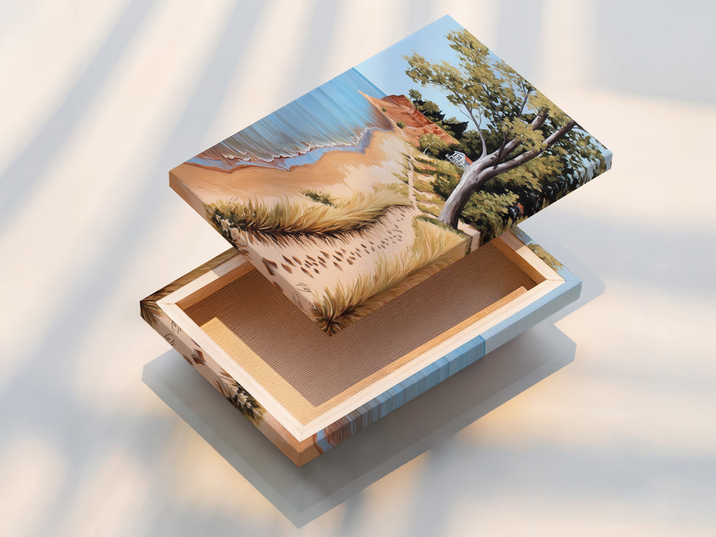 Stretched Coastal Beach Canvas Artwork. This serene ocean view print captures a sandy shoreline. Ideal for coastal cottage decor. Bring the calming essence of the coast to your living room or bedroom with this beautiful piece. Perfect for any space.