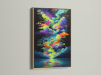 This modern art is showcased in an oak frame. The colorful cloudscape artwork brings life to any room. The psychedelic print and abstract lake art create a stunning focal point for modern home art.