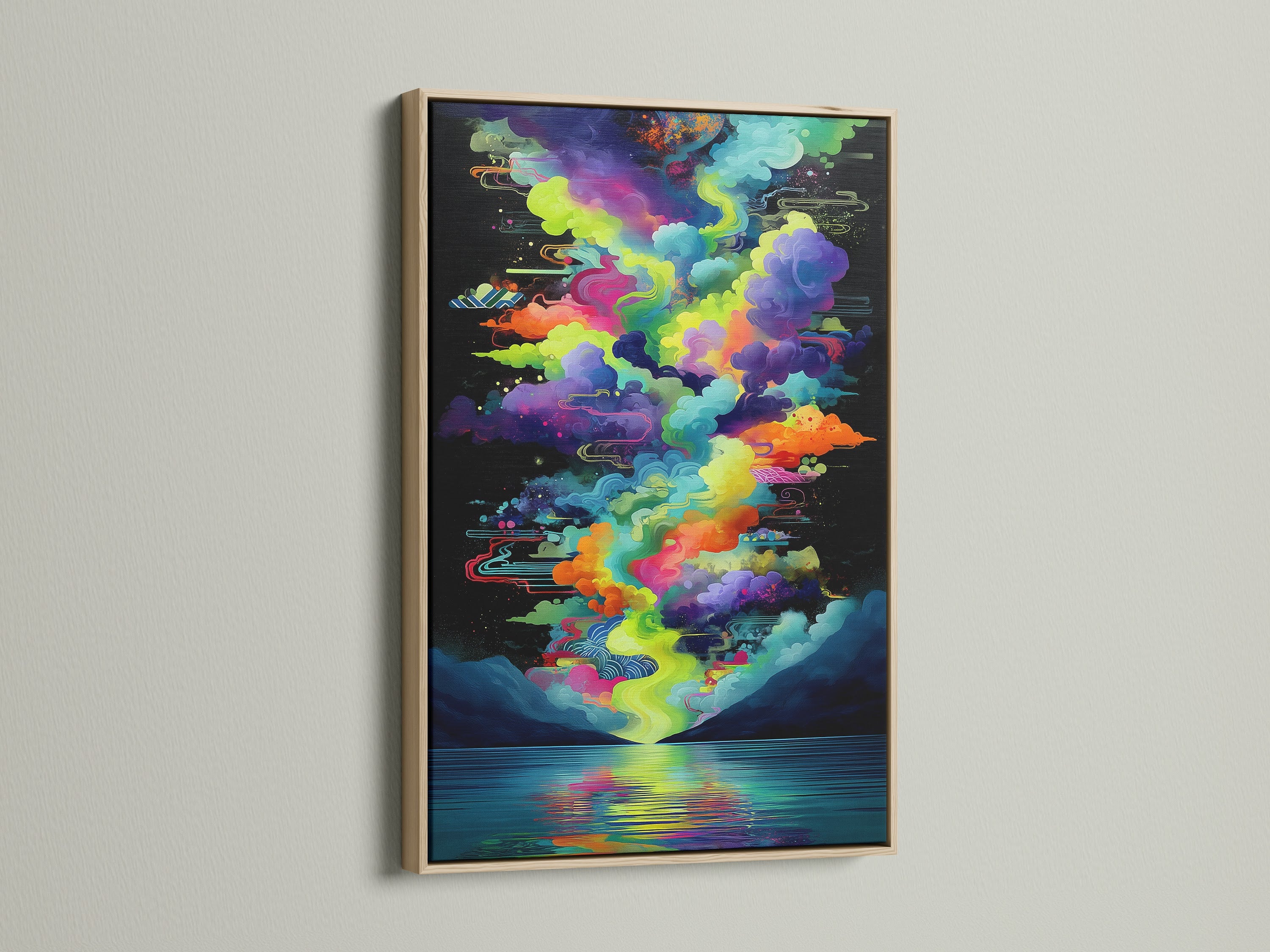 This modern art is showcased in an oak frame. The colorful cloudscape artwork brings life to any room. The psychedelic print and abstract lake art create a stunning focal point for modern home art.