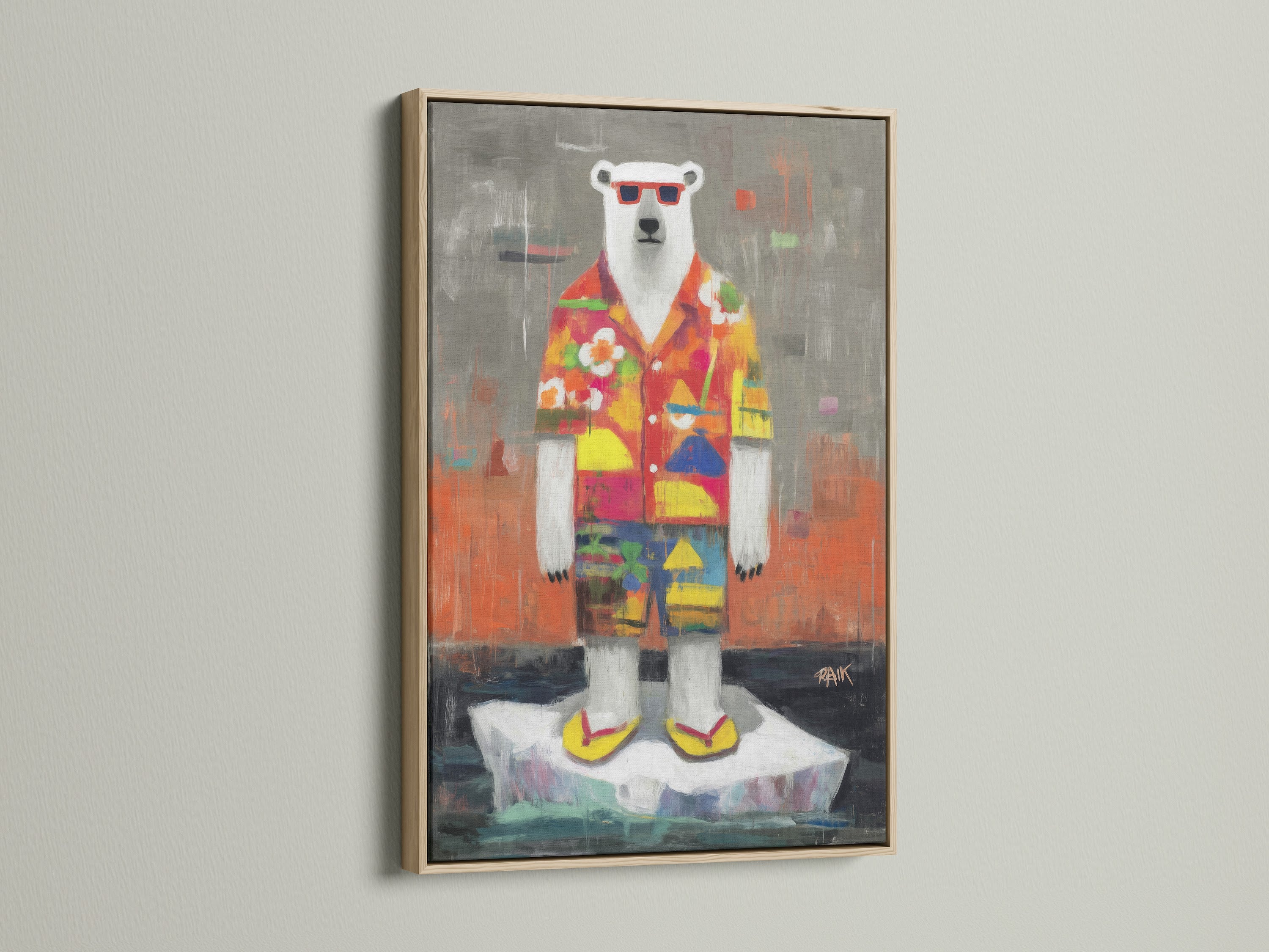 A cool polar bear artwork print is showcased in an oak frame. The artwork features a quirky animal wearing a tropical shirt and sunglasses. This is ideal for adding playful wall art to any space with a contemporary style.