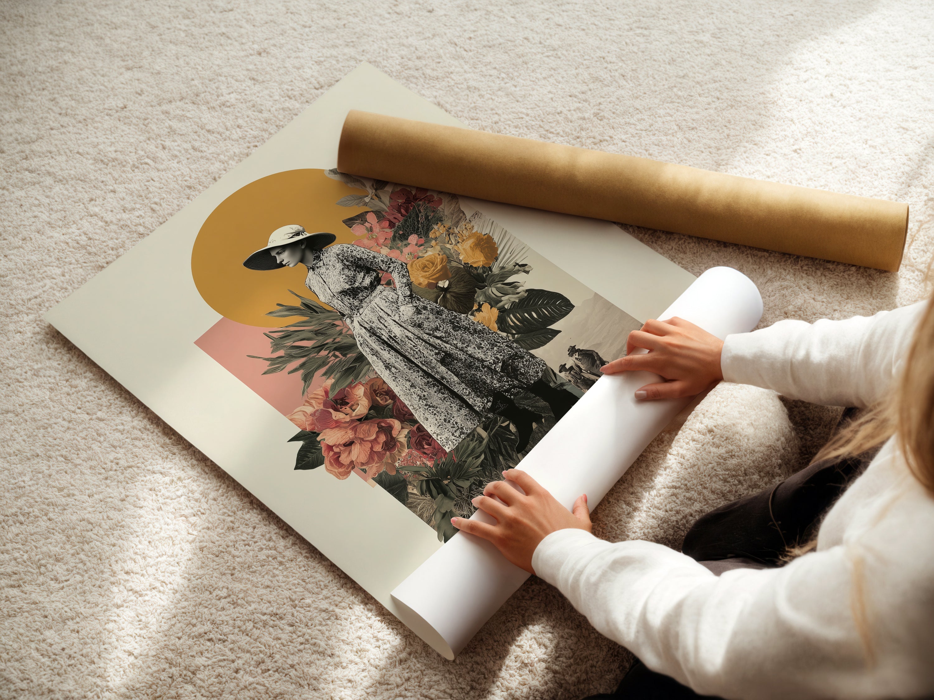 A woman rolling a fine art poster paper. This high-quality paper ensures your vintage collage art prints look stunning. Ideal for creating boho wall art and botanical prints. Choose this fine art paper for your retro fashion art and woman portrait art. Experience superior print quality.