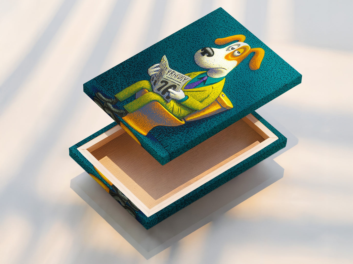 This is a stretched canvas print of the 'Dog on Toilet' artwork. The canvas enhances the colors and details of the piece. Ready to hang and enjoy in any room. A perfect addition to your art collection.