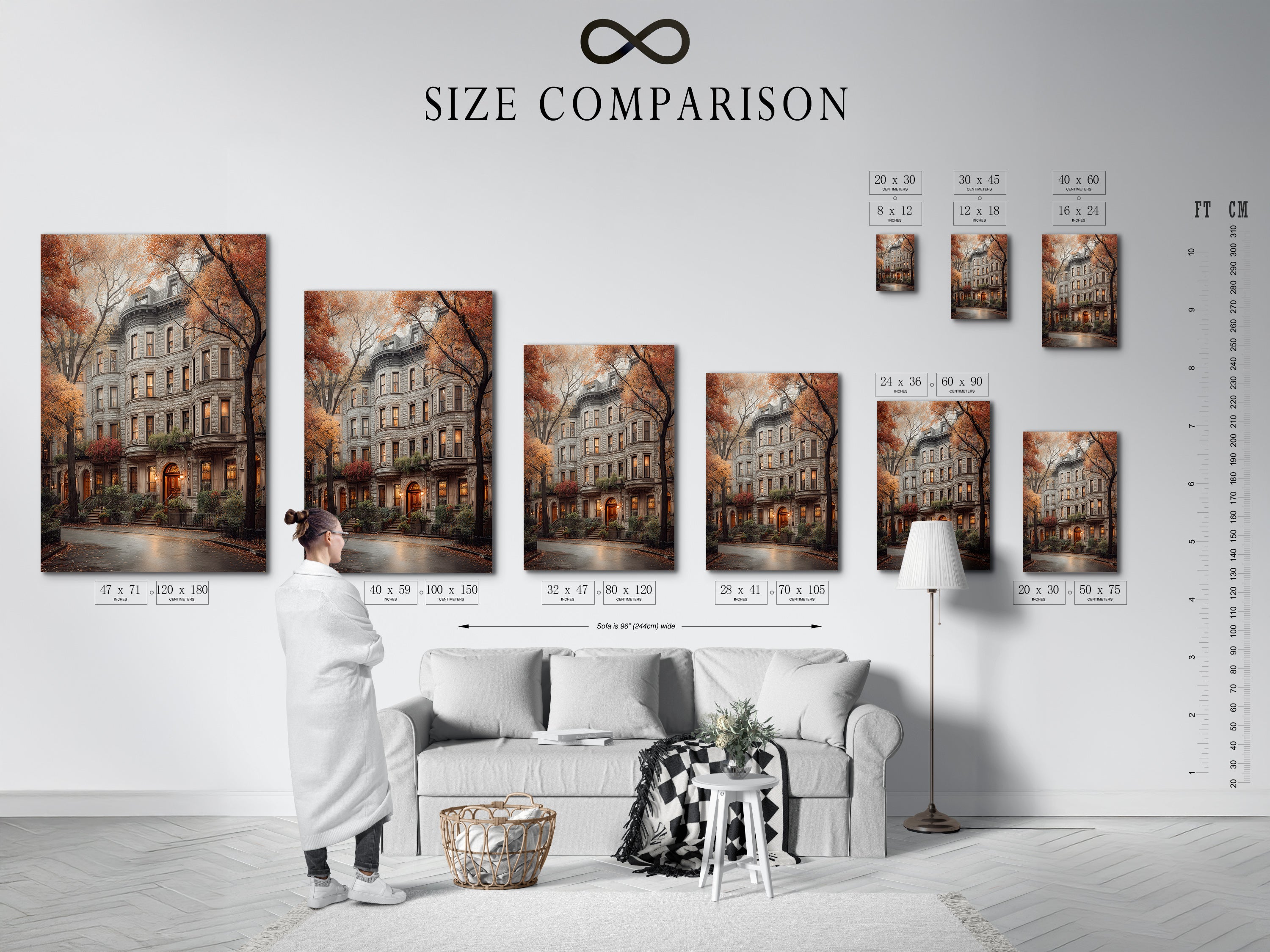 Size comparison chart in an interior setting. The chart shows various sizes for the brownstone art print. It is an autumn cityscape. This vintage style architecture poster is ideal for interior wall decor.
