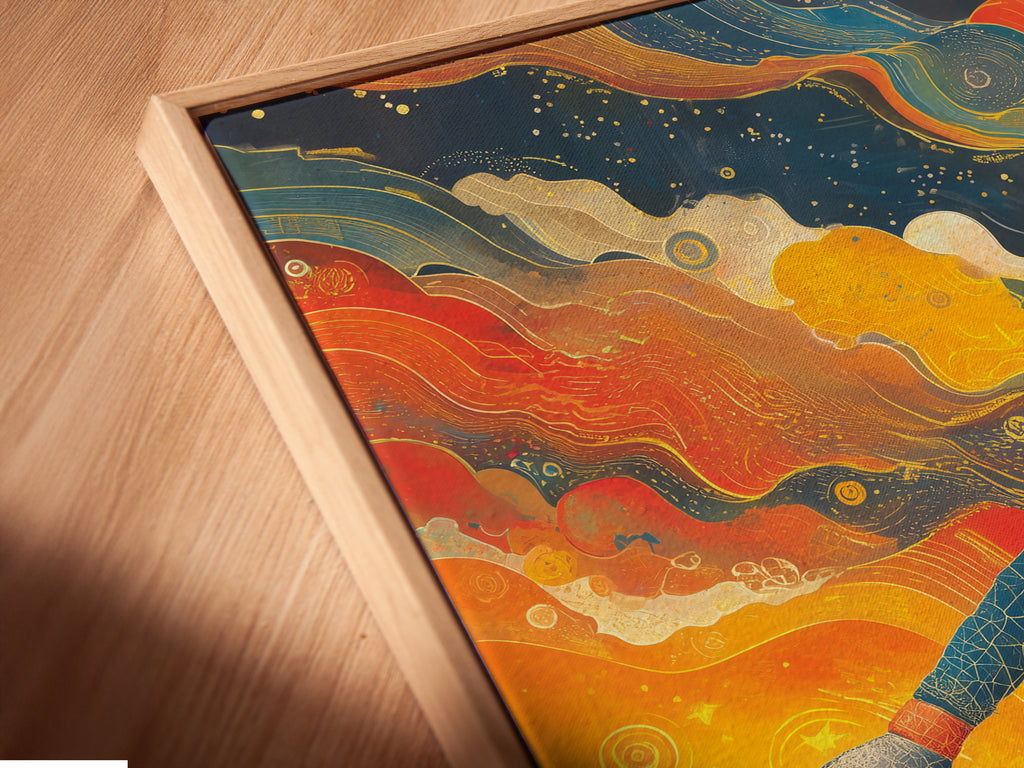 A close up angled view of a canvas print in a floating frame. The soccer goalkeeper artwork is a dynamic piece of sports wall decor. It is perfect for a football player poster. This athletic art enhances any space. Add action to your walls.