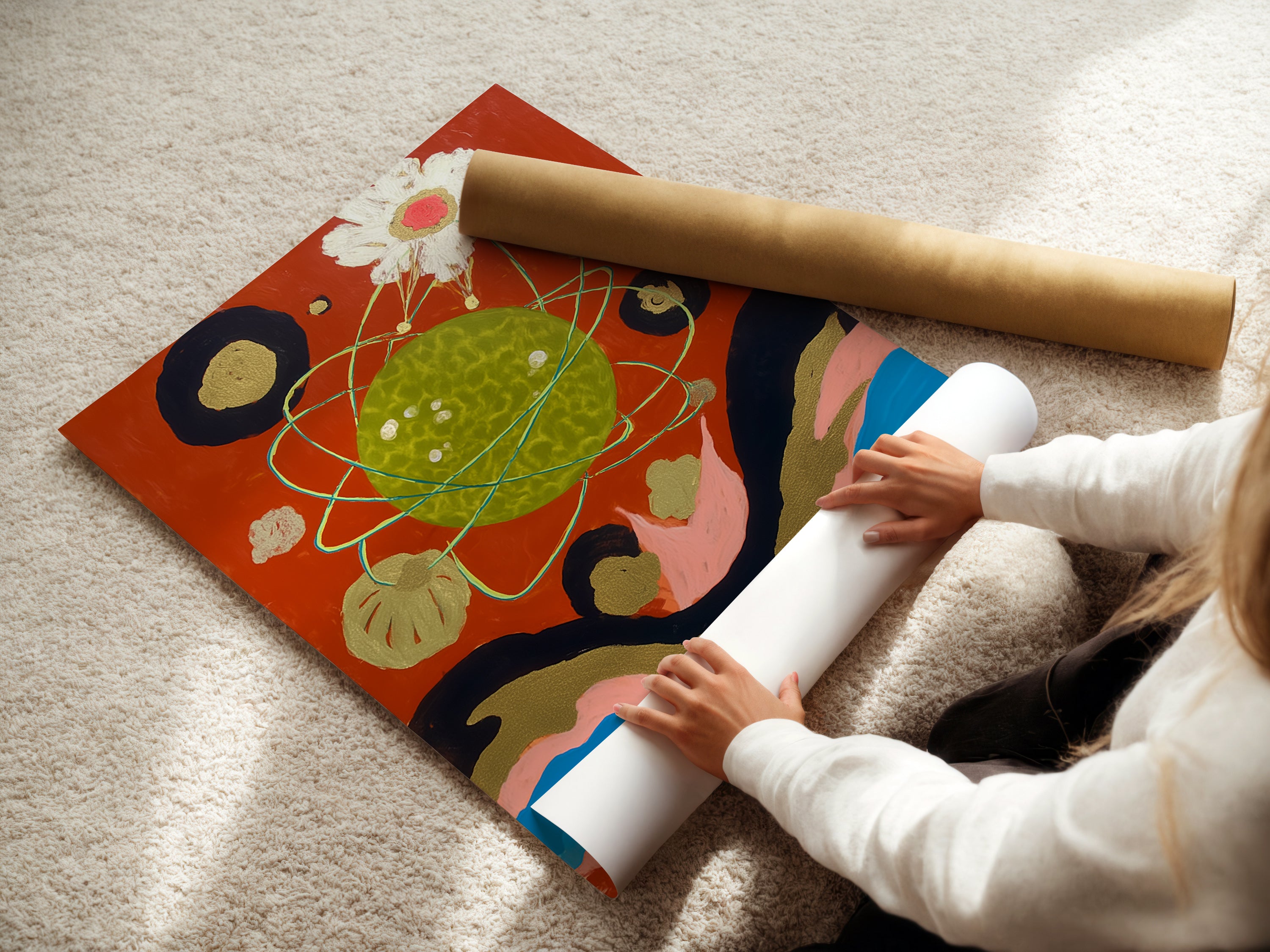 A woman rolls a fine art poster paper. This cosmic abstract art print is a celestial collage. It is modern surreal artwork. This planetary art features space wall art. This vibrant wall art will elevate any space.