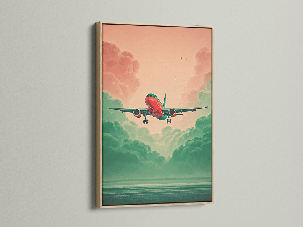 Aviation Wall Art displayed in an oak frame. The artwork presents an airplane set against a teal and coral sky. This aviation print is great for travel lovers. Elevate your space with this modern artwork. It's suitable for minimalist and aviation-themed interiors. A perfect travel gift