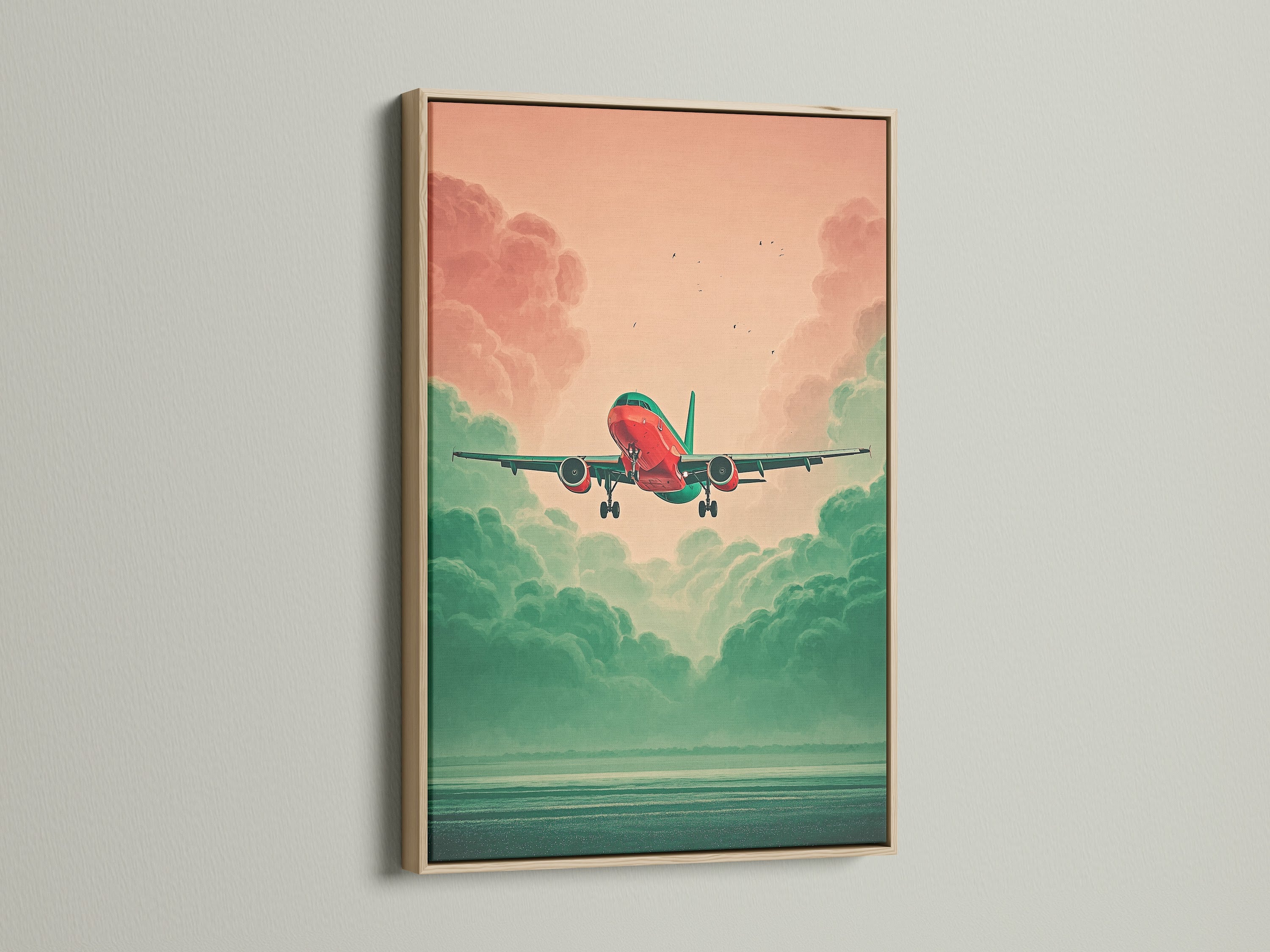 Aviation Wall Art displayed in an oak frame. The artwork presents an airplane set against a teal and coral sky. This aviation print is great for travel lovers. Elevate your space with this modern artwork. It's suitable for minimalist and aviation-themed interiors. A perfect travel gift