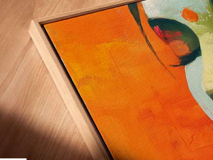 Close-up of a canvas print in a floating frame. The abstract woman portrait art features vibrant colors and a lotus flower. This contemporary piece adds depth to any space. Perfect for modern and bohemian decor styles.