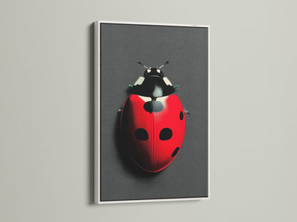 A white frame highlights the ladybug art print. The contrast makes the red and black colors pop. This beetle print is suitable for kids rooms playrooms or as dorm decor. The white frame offers a clean modern look.