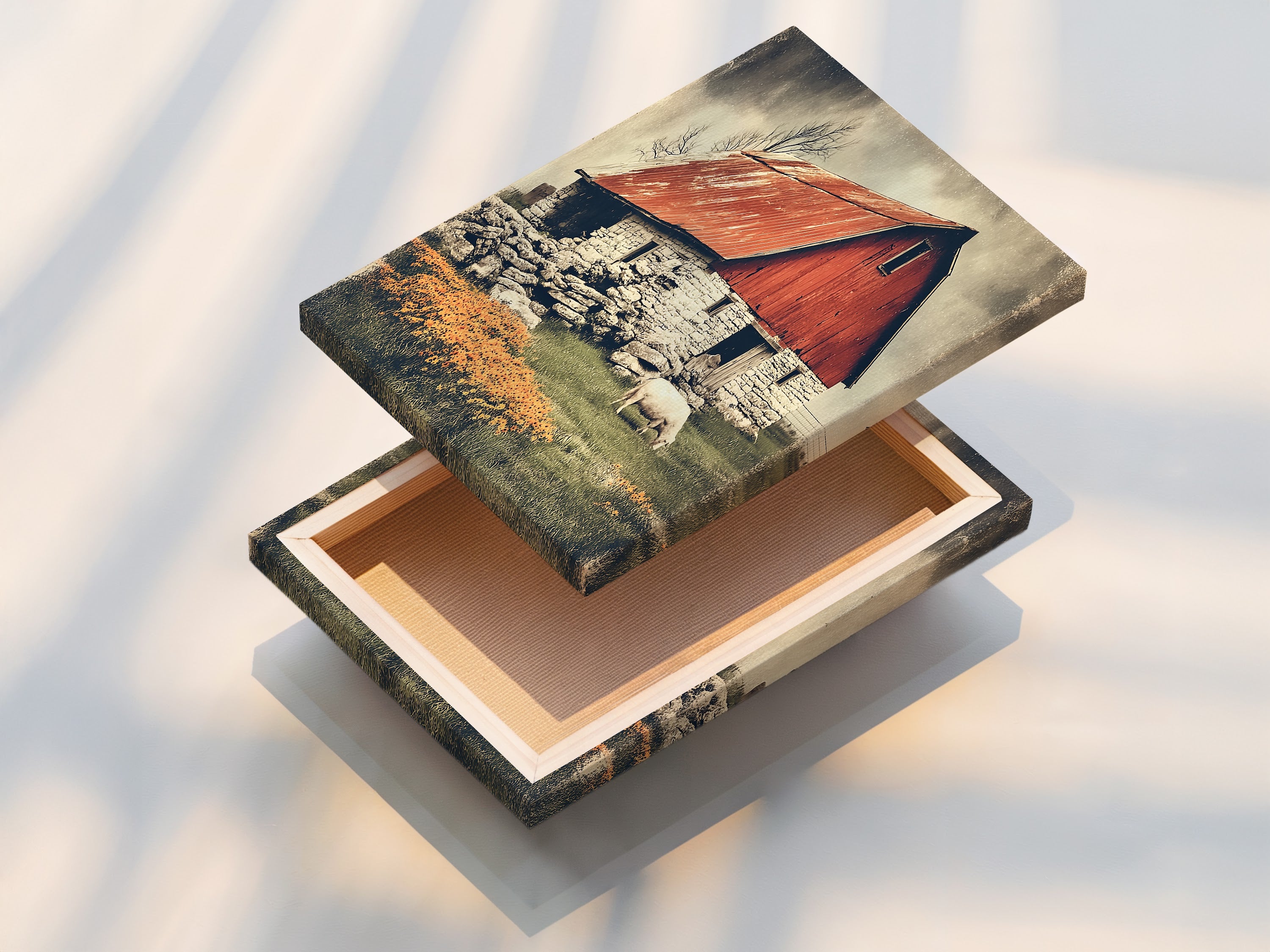 Stretched canvas print of a rustic barn scene. The artwork features a vintage red barn and sheep art. Perfect for farmhouse decor. Add rustic wall art to your home. Discover our collection of country art prints today. Great for dining room art.