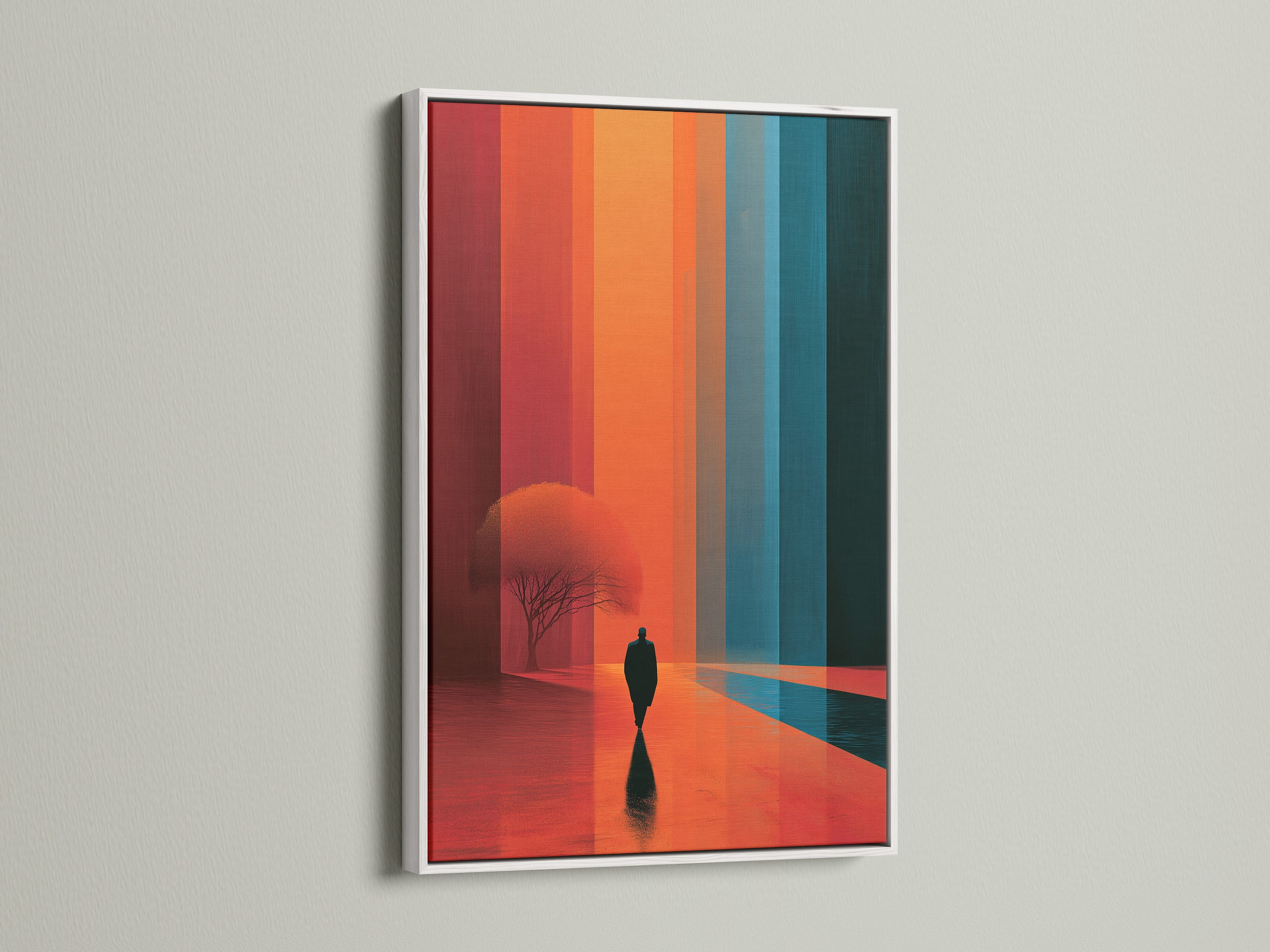 Surreal landscape artwork with a white frame. This modern abstract wall art features a minimalist figure. The artwork showcases orange and teal hues. A great addition to minimalist Scandinavian or eclectic styled spaces.