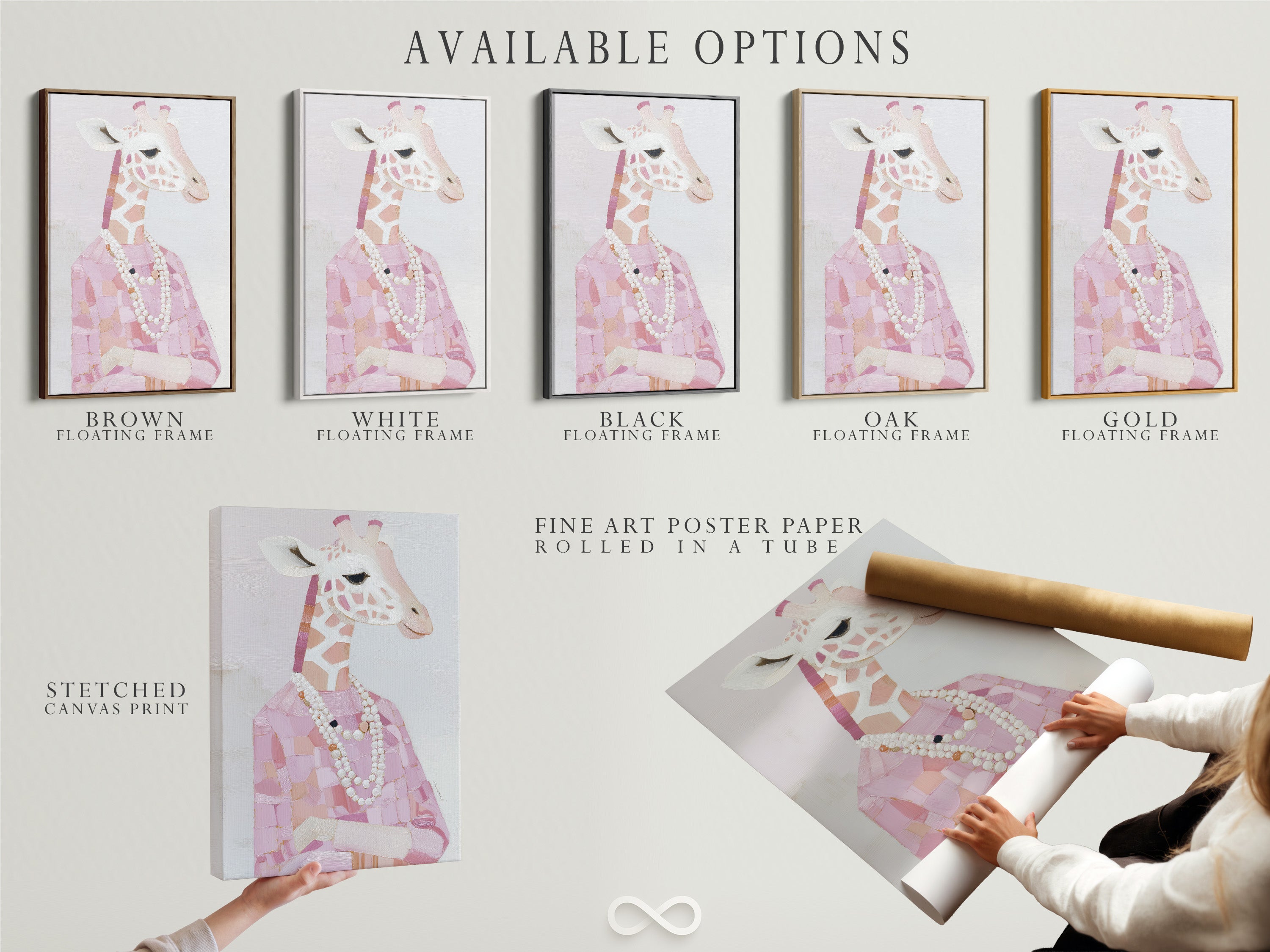 Available options include stretched canvas print fine art poster paper and floating frame. Choose the perfect format for your Giraffe Portrait. Pink animal print is available in various styles. Fashion giraffe art with a pearl necklace for any taste. Blush pink art for everyone.
