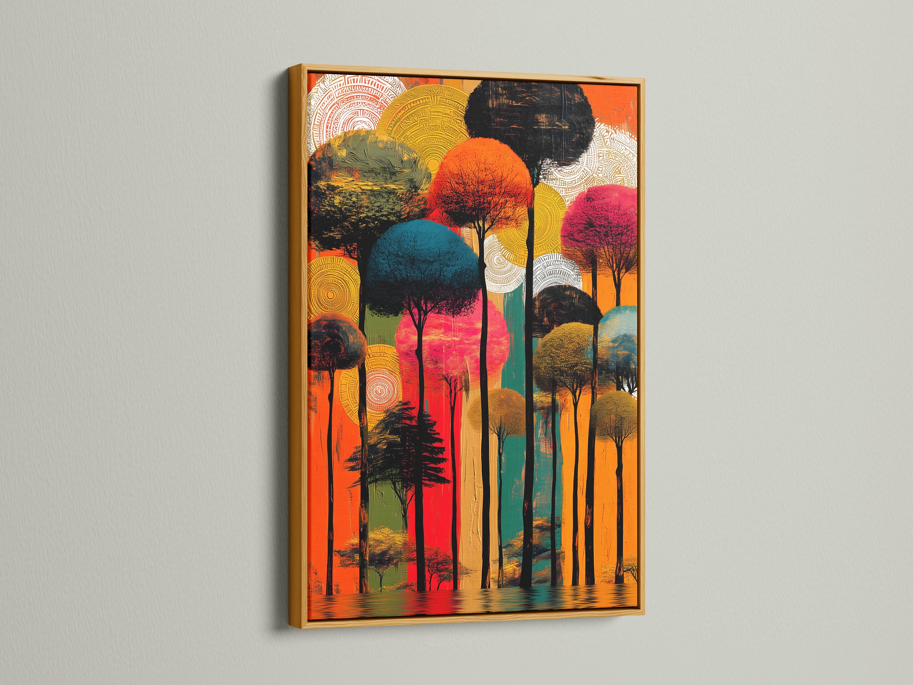 A gold frame elevates an abstract tree art print. This vibrant forest canvas print brings modern nature art to any space. The artwork is suitable for bohemian eclectic or modern styles. It enhances decor.