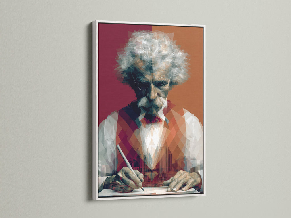 Mark Twain portrait art in a white frame. The geometric writer wall art is displayed. It is a literary figure canvas print perfect for study room decor. The white frame provides a clean minimalist look. It is ideal for study room decor.
