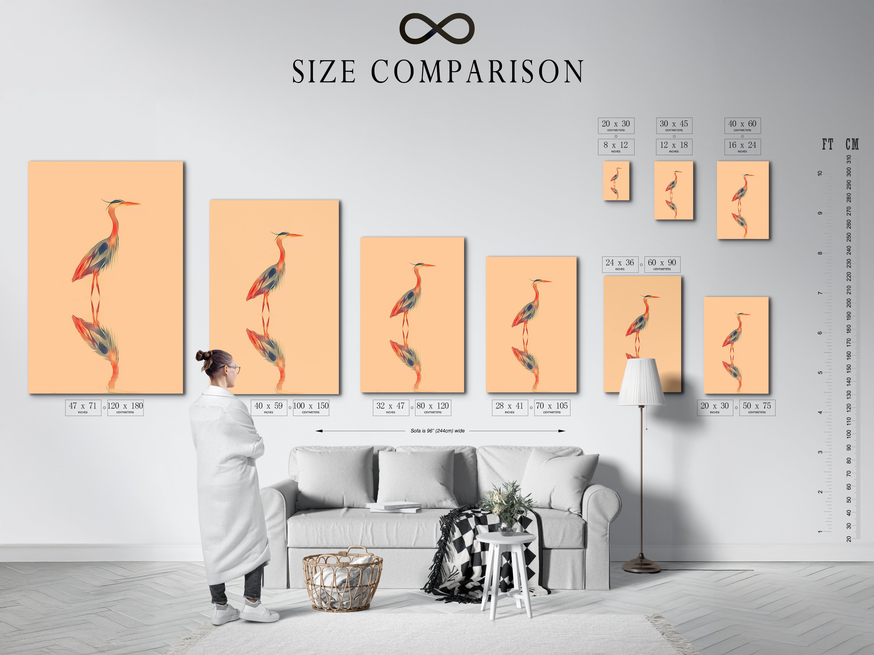 Size comparison chart in an interior setting. See how the heron artwork fits in your space. Available in various sizes to suit your needs. Perfect for living room wall art or bathroom decor. Choose the ideal size for your serene art.