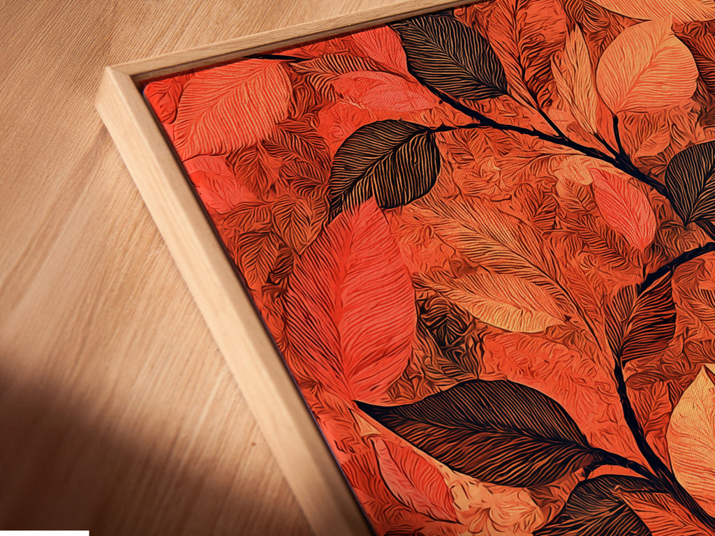 Here is a close-up of a canvas print with a floating frame. The botanical leaf art is beautifully displayed. The terracotta decor adds warmth to any space. The autumn leaves artwork is perfect for a study room. The floating frame enhances the foliage print.