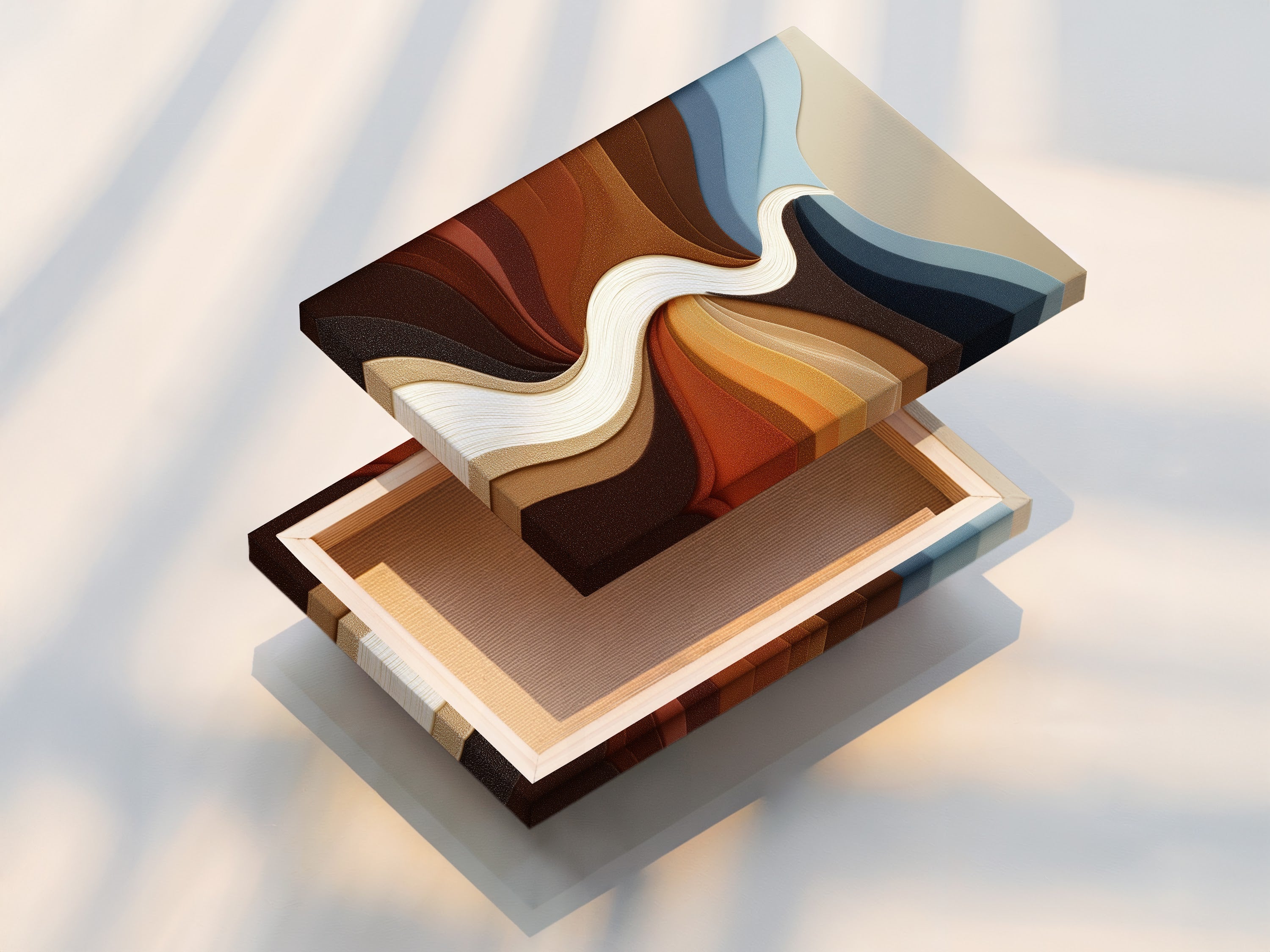 This is a stretched canvas print of abstract river artwork. The stretched canvas print is ready to hang. No framing is needed for this modern artwork. The earthy tones complement any interior. It is perfect for living rooms bedrooms and offices. This canvas print offers a gallery wrapped look.