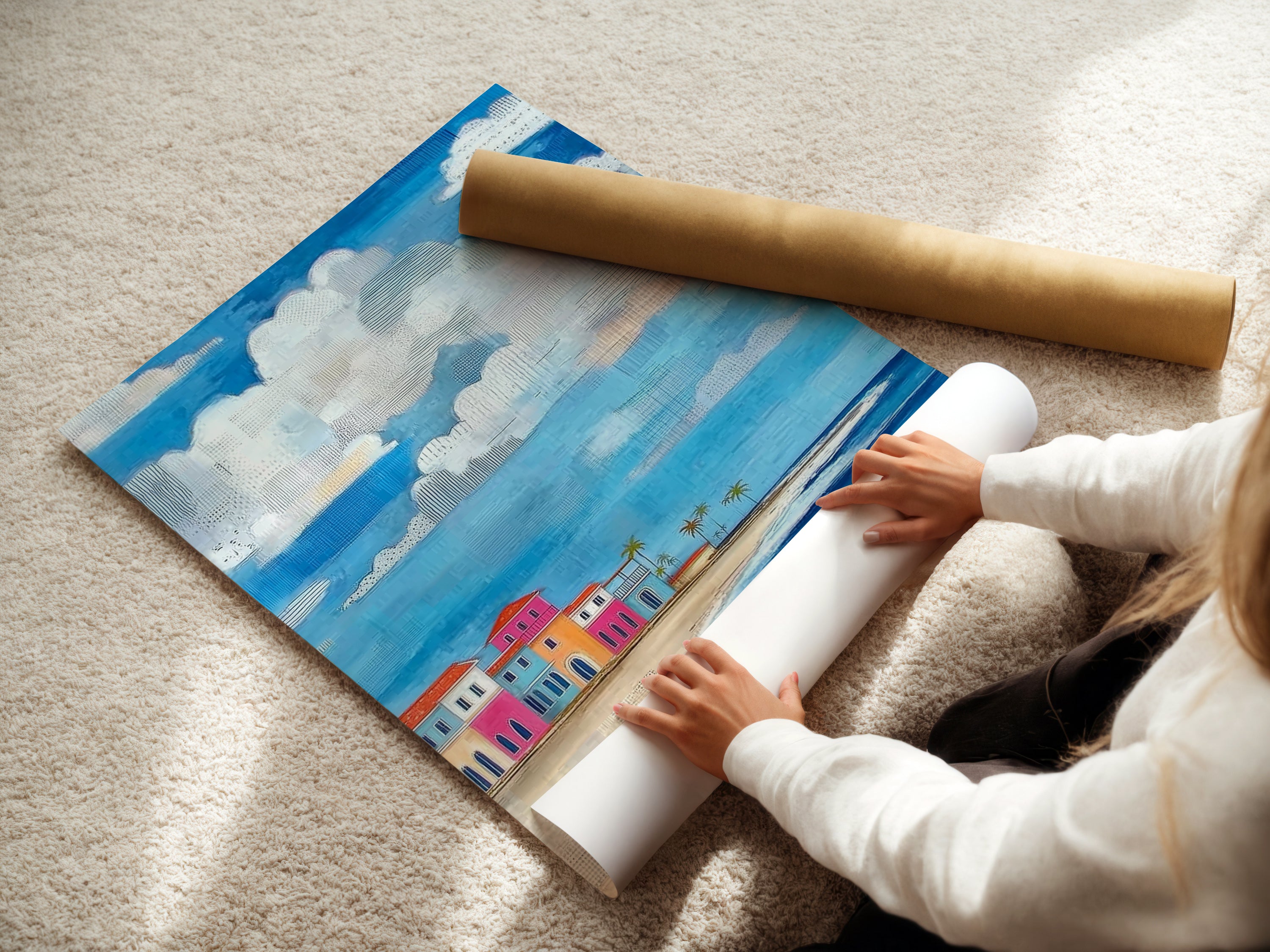 A woman is carefully rolling a fine art poster paper. The paper features coastal beach artwork. The artwork showcases colorful beach houses. This fine art paper is ready for framing.