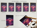 Available options include a stretched canvas print and fine art poster paper. The artwork features a celestial moon. There are pink clouds and a floating frame. Choose the perfect format for your dreamy sky art. Elevate your space with cosmic artwork.
