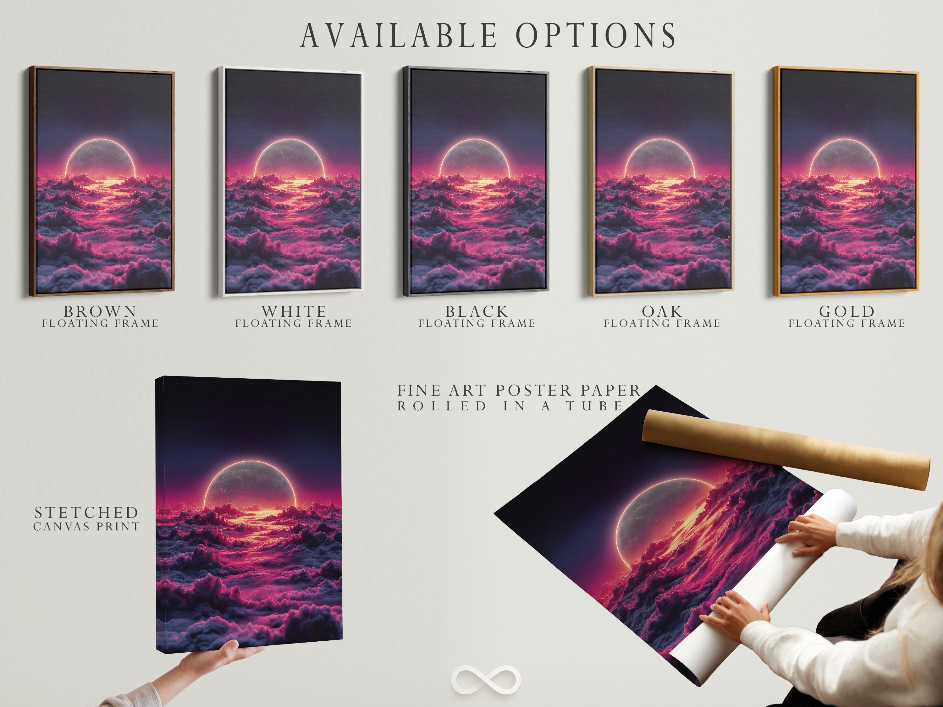 Available options include a stretched canvas print and fine art poster paper. The artwork features a celestial moon. There are pink clouds and a floating frame. Choose the perfect format for your dreamy sky art. Elevate your space with cosmic artwork.