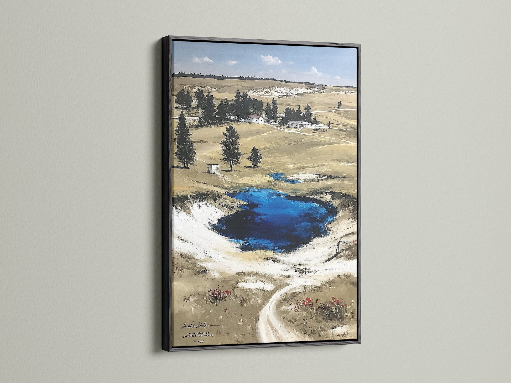 Black frame displays Wyoming landscape artwork. The Grand Prismatic Springs Yellowstone National Park poster is perfect for office wall decor. Nature wall art fits rustic farmhouse neutral or nature-inspired styles. Bring scenic artwork to living rooms cabins and offices.