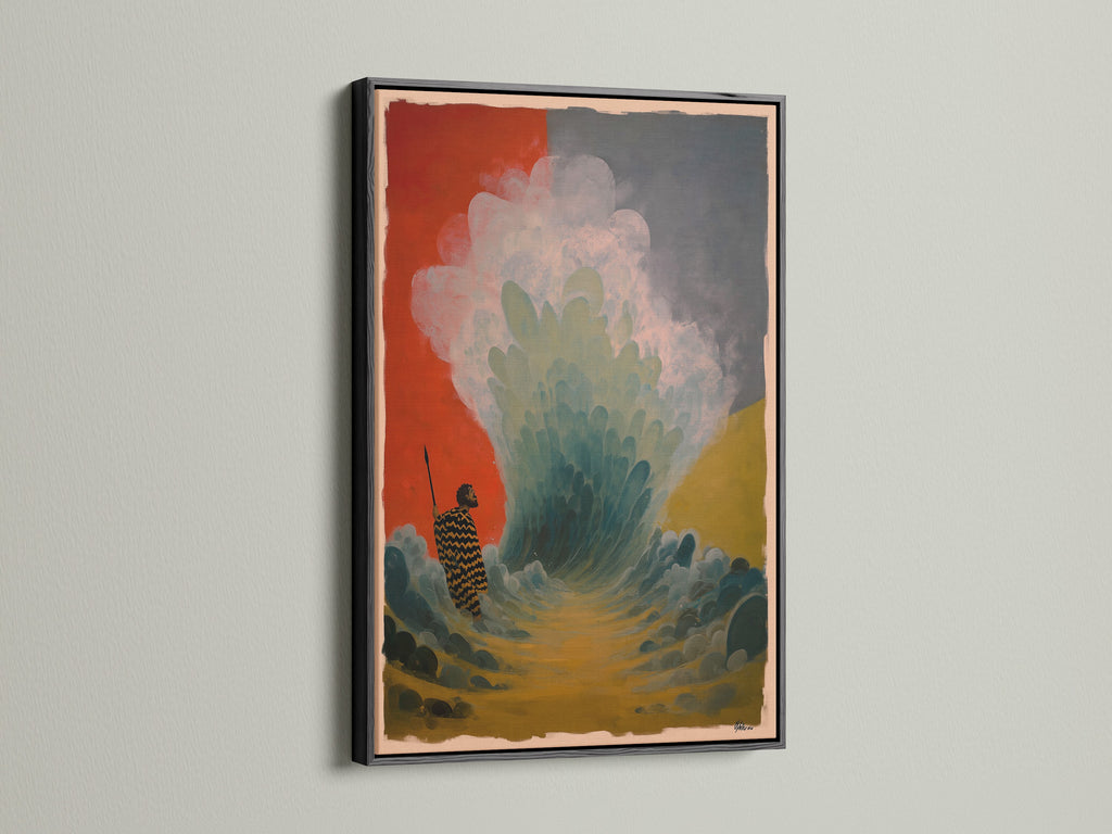 An impactful artwork is set in a black frame. The art depicts a figure confronting a large wave. The black frame adds a touch of elegance. Make a statement with framed artwork. This piece is a conversation starter. Perfect for contemporary spaces.
